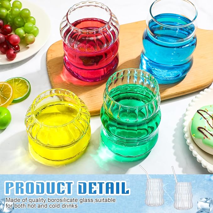 Ziliny 4 Pcs Creative Glassware Set Wave Shape Drinking Glasses with Glass Straw Aesthetic Cups Vintage Ribbed Glass Cups Cute Drinking Glasses for Tea Beer Water Cocktail Coffee Beverage Kitchen