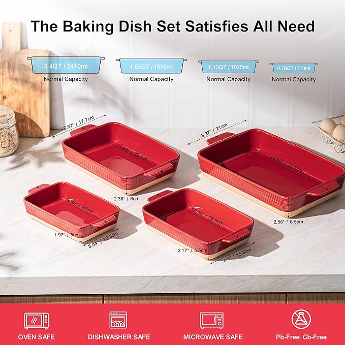 Dafuceramic Casserole Dishes for Oven, Baking Dishes, Ceramic Bakeware Sets of 4, Rectangular Baking Pan Set with Handles for Baking, Casserole, Kitchen, Wedding Gift (Red Yellow)