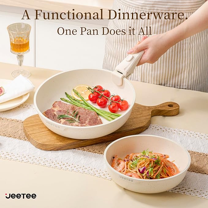 JEETEE Pots and Pans Set Non Stick 17pcs, Kitchen Cookware Sets with Detachable Handle, Induction Nonstick Cookware Set with Removable Handle, Stackable RV Cookware, Oven Safe, PFAS/PFOA Free, Beige