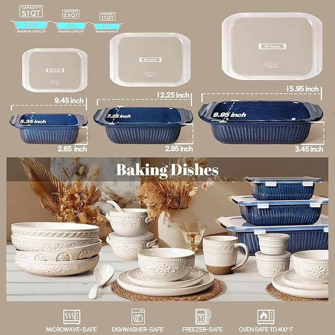 Artena Casserole Dishes For Oven, Ceramic Baking Dish, Large Lasagna Pan With Handles, Baking Pan Casserole Dish, Rectangular Bakeware Deep, Set Of 3 (5.1Qt/2.3Qt/1.1Qt) (Blue - Baking Dish With Lids)