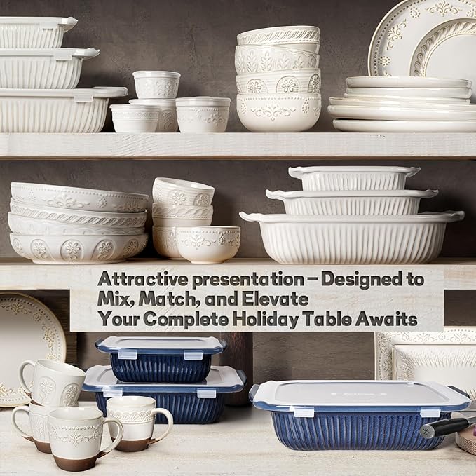Artena Baking Dish 5.1 Quarts, Casserole Dishes For Oven, Baking Pan With Handles, Lasagna Pan Deep, Large Casserole Dish, Rectangular White Ceramic Bakeware, Blue (Only Baking Dish)