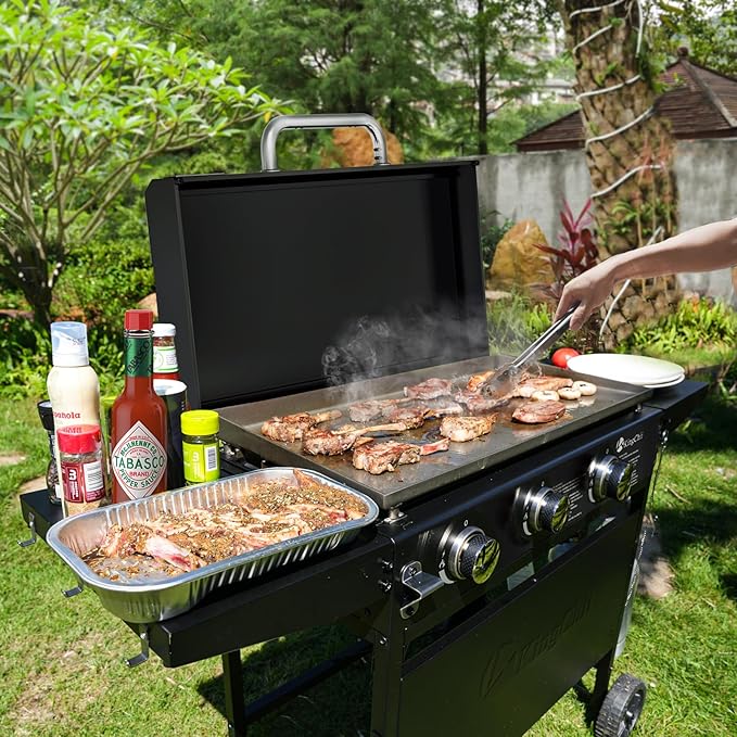 KingChii 28" 3-Burner Griddle with Integrated Protective Hood and Counter Height Side Shelves, Powder Coated Steel, Black