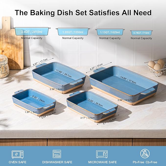 Dafuceramic Casserole Dishes for Oven, Baking Dishes, Ceramic Bakeware Sets of 4, Rectangular Baking Pan Set with Handles for Baking, Casserole, Kitchen, Wedding Gift (Blue Yellow)