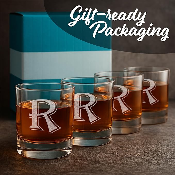 On The Rox (R-Monogram)- 4 Piece Set of 11 Ounce Engraved Heavy Base Rocks Glasses Elegant Glass-Multi-Purpose Beverage-Rocks Glass- Gift for any Occasion Drinks
