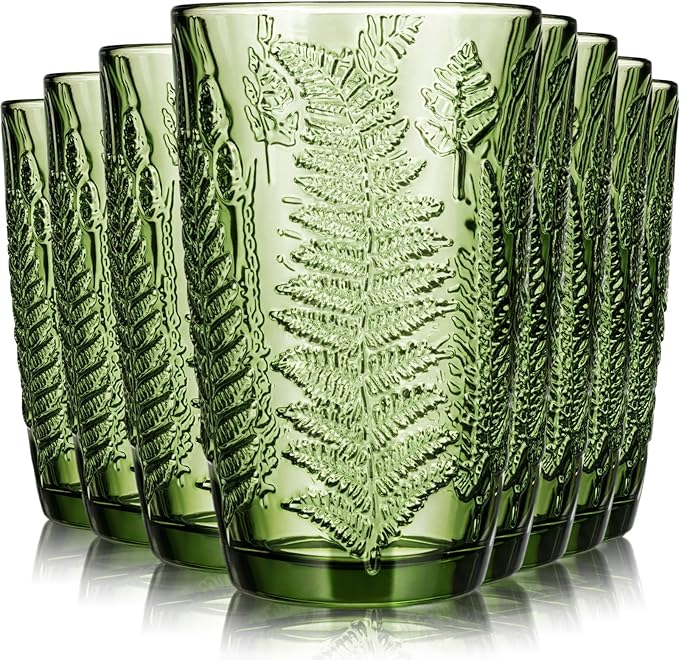 Reallnaive Green Drinking Glasses Set of 8, Boho Aesthetic Vintage Glassware Fern Paisley Carving Textured Tumbler Water Cups Embossed Pattern Drinkware Cocktail Set for Xmas Gifts (14 oz,Highball)