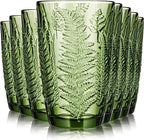 Reallnaive Green Drinking Glasses Set of 8, Boho Aesthetic Vintage Glassware Fern Paisley Carving Textured Tumbler Water Cups Embossed Pattern Drinkware Cocktail Set for Xmas Gifts (14 oz,Highball)