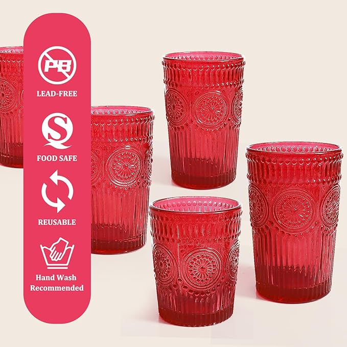 Loivttvv 12pcs Vintage Drinking Glasses Set, 12 oz Highball Glasses & 9 oz Embossed Ribbed Glassware Cups for Cocktail, Water, Juice, Coffee, Whiskey (Christmas Red)