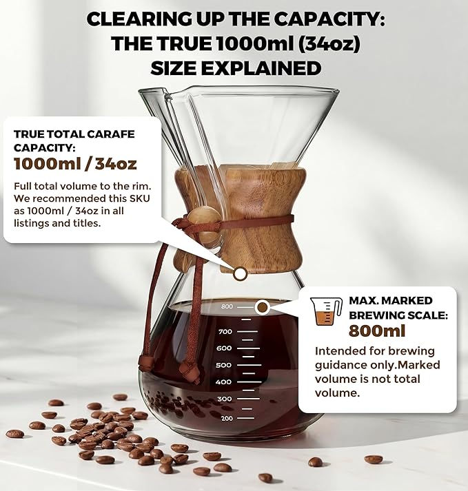 AGOGO Pour Over Coffee Maker Glass with 50pcs Paper Filters -for Home, Office, Camping, Cafes - Easy Clean Coffee Dripper Set (Soft Towel&Brush)(34oz Classic w/Paper Filters)
