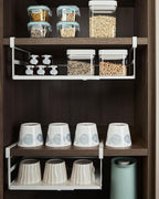 2Pack Under Shelf Storage Basket Organizer Expandable Width Add-On Space Saver Hanging Under Cabinet Pantry Kitchen Countertop Desktop Bookshelf Cupboard Board Slide-in White Heavy-Duty Metal