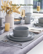 Famiware Star 24-Piece Reactive Glaze Plates and Bowls Sets, Service for 8 - Stoneware Dinnerware Set, High Edge Ribbed Dishes, Chip & Scratch Resistant, Microwave & Dishwasher Safe, Matte Gray