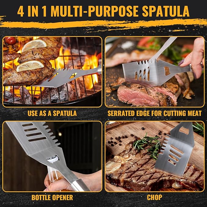 BBQ Tool Grilling Accessories, 16-Inch Stainless Steel BBQ Grill Tools Set for Men, Heavy Duty Grilling Accessories Kit for Camping, Kitchen, 3 PCS Extra Thick Barbecue Utensil