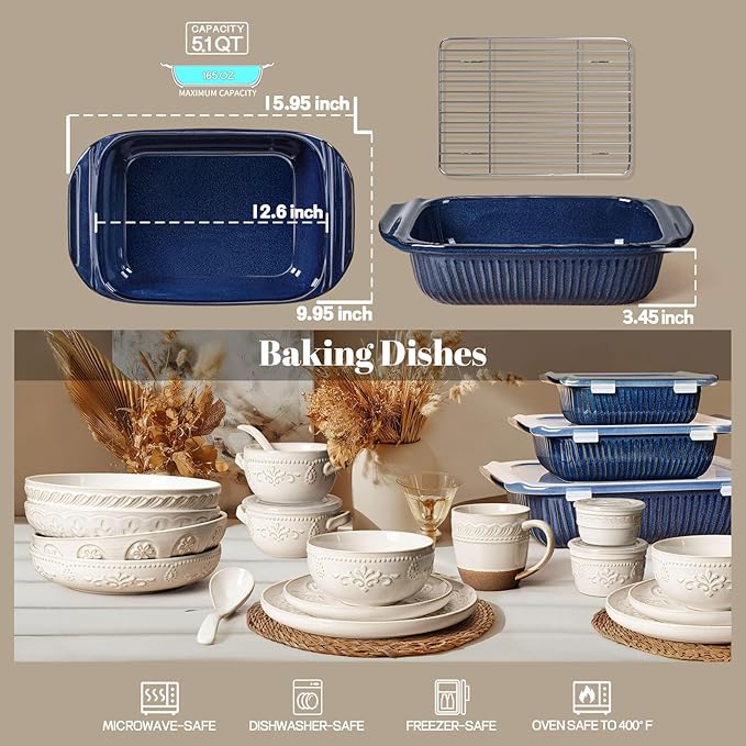 Artena Baking Dish 5.1 Quarts, Casserole Dishes For Oven, Baking Pan With Handles, Lasagna Pan Deep, Large Casserole Dish, Rectangular White Ceramic Bakeware, Blue (Baking Dish With Rack)