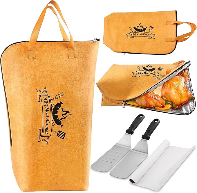 Grilljoy 4PCS BBQ Blanket for Resting Meat - Meat Resting Blanket with Stainless Steel Griddle Spatula & Silicone Oil Paper, for BBQ Lovers, Essential Flattop Grill Accessories