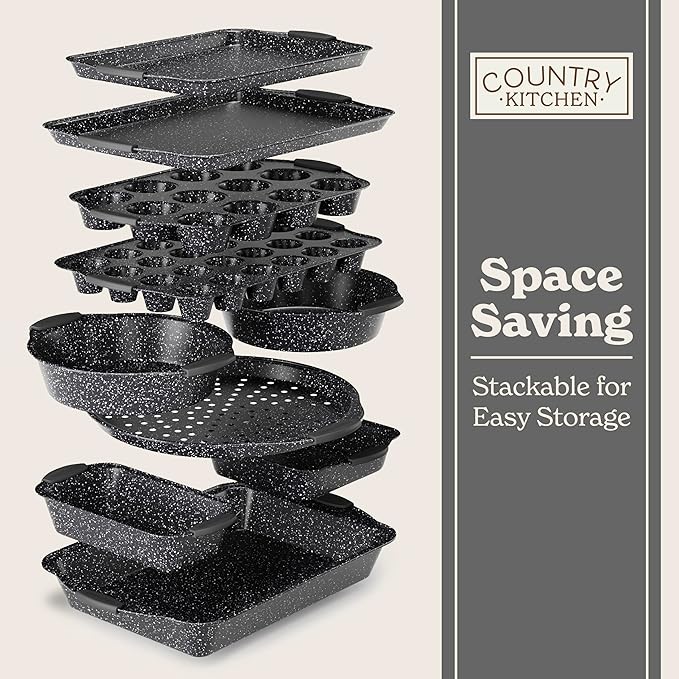 Country Kitchen Nonstick Stackable Bakeware Set - Durable, Easy Release Baking Set, Black, 10 Pcs