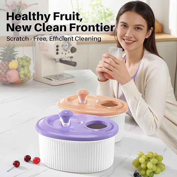 JOYMOOP Fruit Washer Spinner, Fruit Cleaner Spinner with Crank Handle, Hands-Free Fruit & Vegetable Washing Bowl, Manual Fruit Scrubber, No Electricity, Apricot Beige