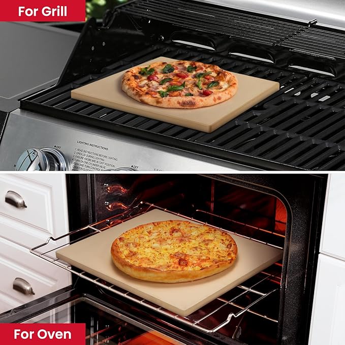 Unicook Pizza Stone for Oven and BBQ Grill, 12 x 11 Inch Rectangular Oven Grill Pizza Stone, Cordierite Baking Pan for Crispy Crusts, Thermal Shock Resistant, Including Dough Scraper