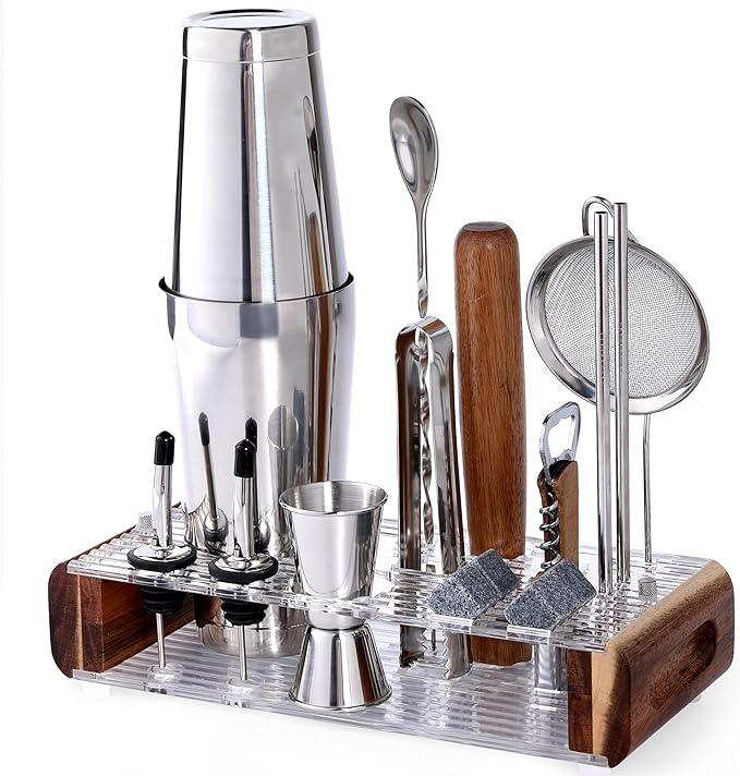 Mixology Bartender Kit with Stand - 15 Piece Bar Tool Set, Silver Bar Set Cocktail Shaker Set for Drink Mixing - Includes Martini Shaker, Jigger, Strainer, Bar Mixer Spoon, Tongs, Opener | Gift Idea