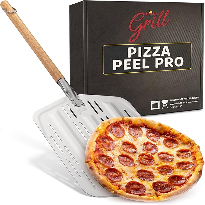 Hans Grill Pizza Peel PRO | Made for XL Pizza 12 inch + | Professional Restaurant Grade Perforated Metal Non-Stick Paddle for launching, turning and retrieving pizzas (Peel Pro) (Grey)