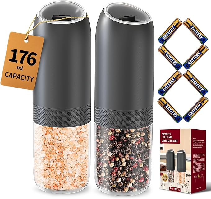 CIRCLE JOY Gravity Electric Salt and Pepper Grinder Set, Battery Powered Automatic Pepper Mills with Adjustable Coarseness, One Hand Operation, 176ml Large Container, Black - Includes 8 Batteries