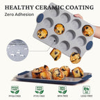 BRONYPRO 12-Cup Non Toxic Nonstick Ceramic Muffin Pan & Cupcake Tin, PFOA & PFOA Free, Heavy Duty Rust-Resistant Aluminized Steel, Oven Safe, Blue