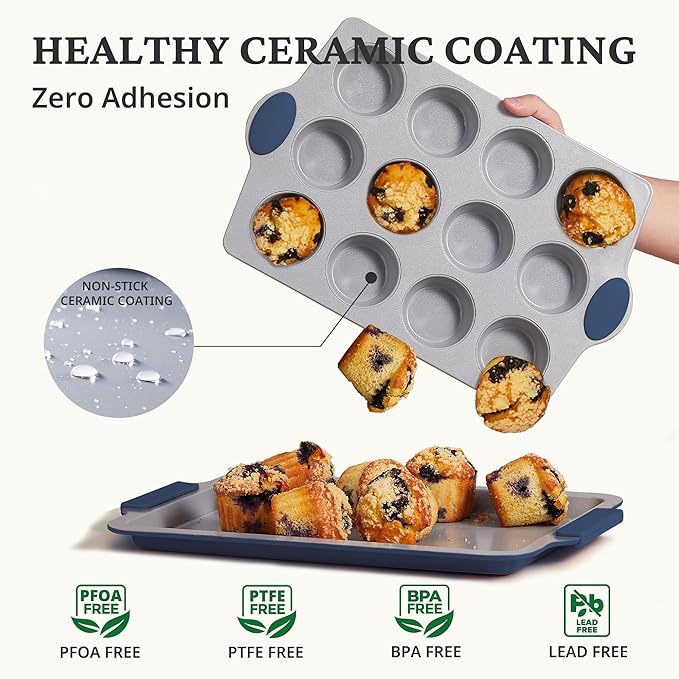 BRONYPRO 12-Cup Non Toxic Nonstick Ceramic Muffin Pan & Cupcake Tin, PFOA & PFOA Free, Heavy Duty Rust-Resistant Aluminized Steel, Oven Safe, Blue