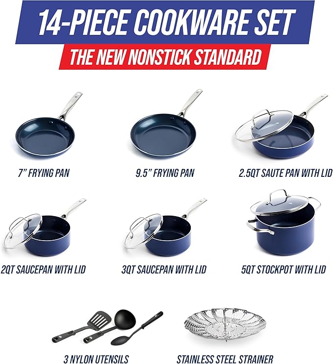 Blue Diamond 14 Piece Cookware Set, Diamond Infused PFAS & PFOA-Free Ceramic Nonstick Pots and Pans, Durable, Non Toxic, Metal Utensil Safe & Scratch Resistant, Dishwasher & Oven Safe, Blue