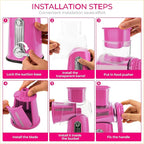 SUSTEAS Rotary Cheese Grater with Handle - Vegetable Shredder with 5 Well-designed Blades & Strong Suction Base,Round Mandoline Slicer & Food Chopper for Kitchen,with Blade Storage Box(Pink)