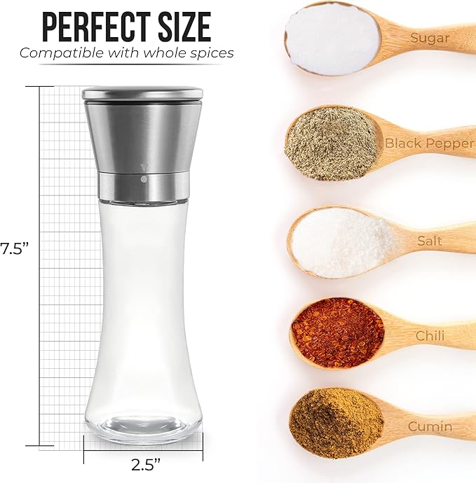 Tall Pepper Grinder or Pepper Mill, Manual Salt Grinder Refillable with Adjustable Coarseness, Black Pepper Grinder Made of Stainless Steel, Himalayan Salt and Sea Salt Grinder