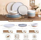 AmorArc Ceramic Dinnerware Sets for 8, 24 Pieces Handpainted Plates and Bowls Set with Rustic Terracotta Underside, Scratch Resistant Stoneware Dishes Set, Dishwasher & Microwave Safe, Multi-Color