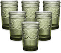 ZMOWIPDL Vintage Glassware Drinking Glasses Set of 6,13 oz Green Textured Flower Design Glass Water Tumblers，Embossed Striped Drinkware for Water,Cocktails,Juice,Iced Coffee
