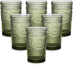 ZMOWIPDL Vintage Glassware Drinking Glasses Set of 6,13 oz Green Textured Flower Design Glass Water Tumblers，Embossed Striped Drinkware for Water,Cocktails,Juice,Iced Coffee
