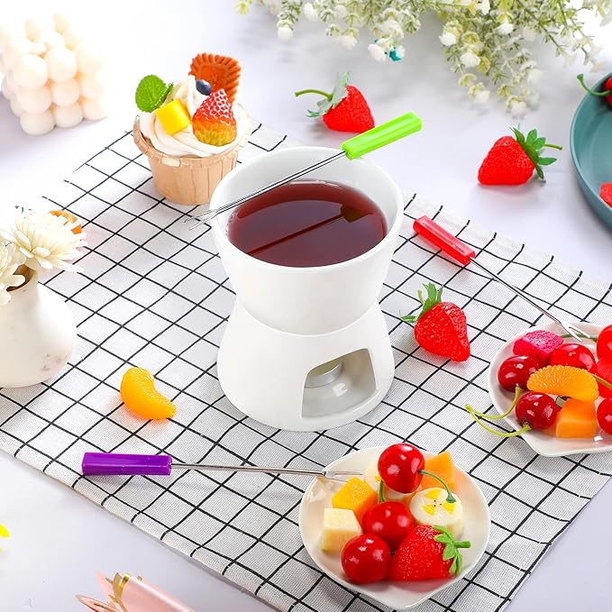 Mudder 6 Pieces Fondue Mug Ceramic Pot and 24 Pieces Forks Set for Melting Chocolate, Cheese, Broth or Tapas on Christmas Gift Valentine's Day(White)