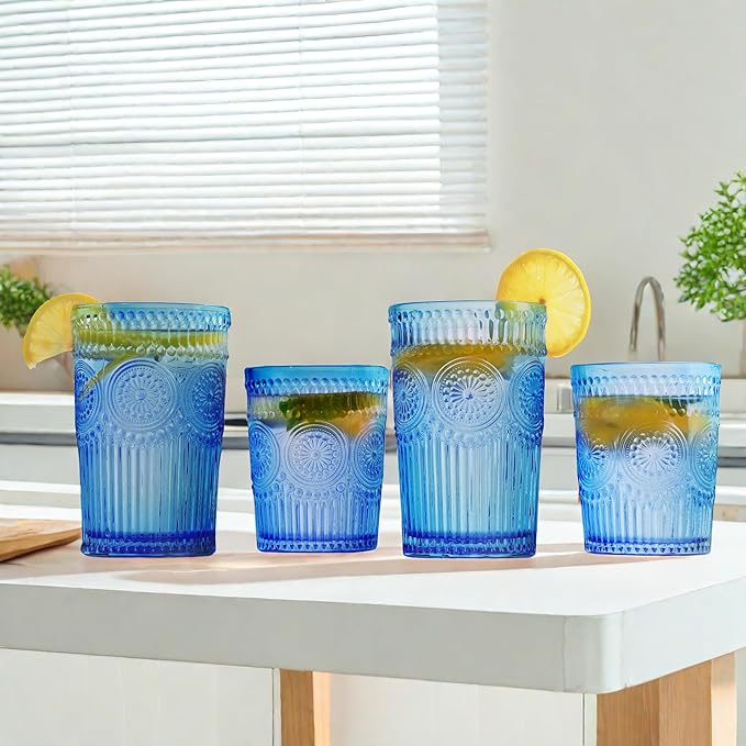 Loivttvv 12pcs Vintage Drinking Glasses Set, 12 oz Highball Glasses & 9 oz Embossed Ribbed Glassware Cups for Cocktail, Water, Juice, Coffee, Whiskey (Blue)