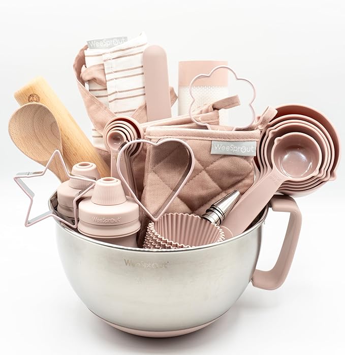 Ultimate Baking Kit for Kids - Kids Baking Set with Child Sized Utensils - Includes Apron, Oven Mitts, Silicone Mats & Liners - Perfect Cooking Set for Ages 8-12 - Gift for Children – Pink