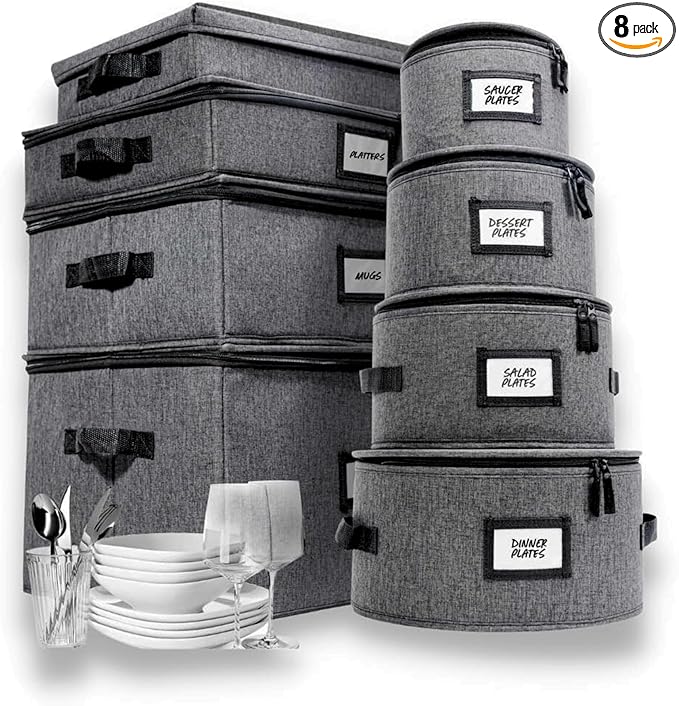 HOMELUX THEORY 8pcs Hard Shell China Storage Containers, Mug Storage, Wine Glass, Utensils, & Plate Storage Containers with Lid, Heavy Duty Dinnerware Storage for Packing Plates, Glassware & Cutlery