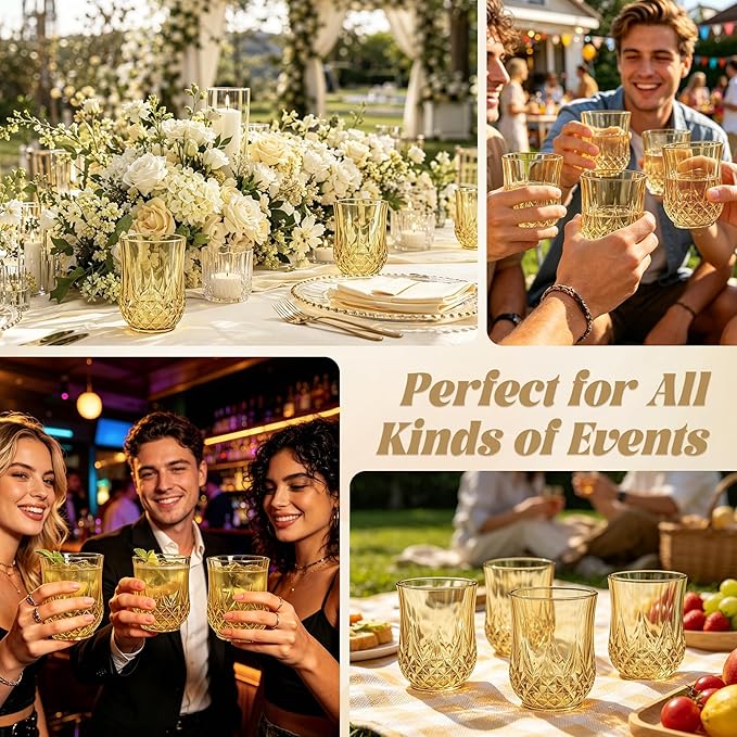 12 Pack Plastic Stemless Wine Glasses,12oz Unbreakable Vintage Elegant Drinking Glass Set,Reusable Fancy Cocktail Cups for Party, Wedding, and Bulk Events (12, 12oz-Gold)