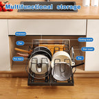 Mustorn Pots and Pans Organizer Under Cabinet, 21.6" Deep Pull Out Pot Lid Organizer Holder with Guardrail Adhesive Pot and Pan Holder Rack with 10 Adjustable Dividers-1 Pack(Black)