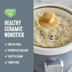 GreenLife Rice Cooker with Removable PFAS-Free Ceramic Nonstick Pot, 3-Cups Uncooked/6-Cups Cooked, Grains & Oatmeal Multicooker, Compact One-Switch Design, Auto Keep Warm, Easy Clean, Gray