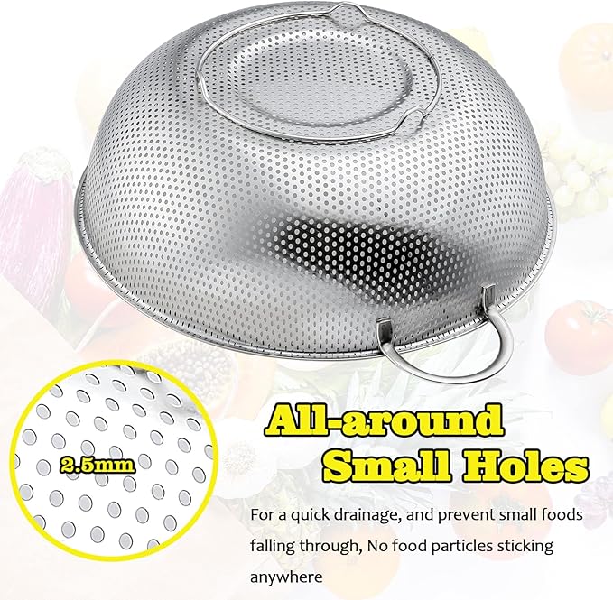 P&P CHEF Stainless Steel Colander, Micro-Perforated Food Strainer with Handle for Washing Draining, Great for Pasta Fruits Vegetables, Dishwasher Safe & Healthy, 5 Qt, 1Pc