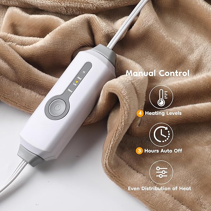 Electric Heated Blanket 50" x 60" Throw Size Breathable Warm Flannel Heated Blanket with 4 Heating Levels & 3 Hours Auto Shut Off, Control Temperature and Washable, for Sofa and Bed - Light Brown