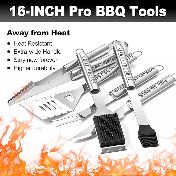Grandpa Gifts, Grandpa Birtdhay Gifts from Grandkids Heavy Duty Grilling Accessories Kit for Backyard BBQ, Thick Stainless Steel Grill Utensils with Non-Slip Handle Tool on Christmas Grandparents Day