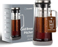 Cold Brew Coffee Maker Pitcher, 1.0L/34Oz Airtight Borosilicate Glass Carafe with 150 Mesh Precision Filter | Barista Grade Iced Coffee Maker, Integrated Glass Handle & Non Slip Base (Grey)