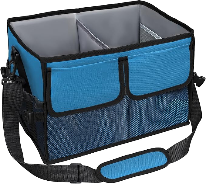 Large Grill Caddy with Paper Towel Holder - BBQ Caddy Organizer for Utensil, Condiment - Easy Carry Picnic Bag - Griddle Bag for Camping, Travel, RV - 600D Waterproof Oxford Fabric, Blue