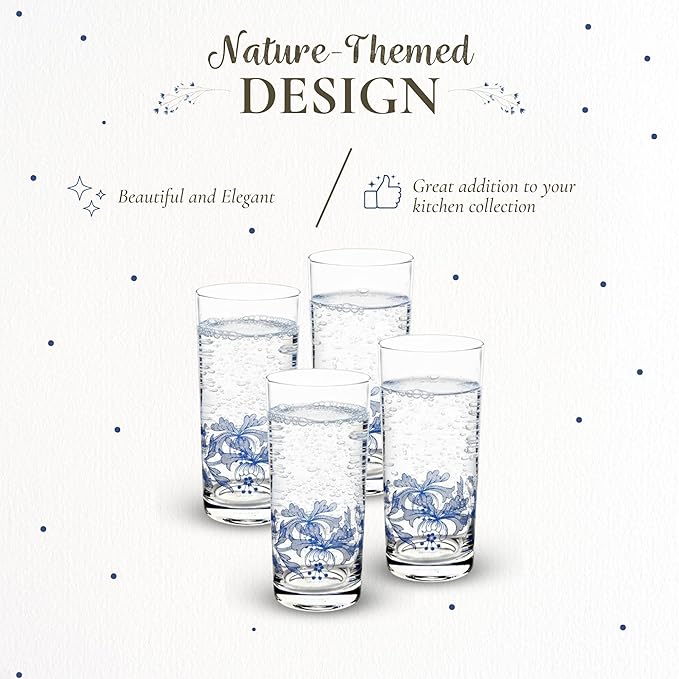 Spode Blue Italian Highball Glasses | Set of 4 | 15 Ounce Capacity | Tall Glasses for Drinking Cocktails, Mojito, Scotch, Water, and Juice | Handwash Only