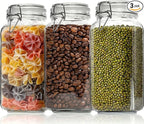 78oz - 3 Pack Square Glass Jars with Airtight Lid, Wide Mouth Mason Jars with Clamp Lids, Air Tight Glass Canisters, Best Food Storage Containers for Flour, Sugar, Cereal, Pasta, Rice, Coffee, Spice