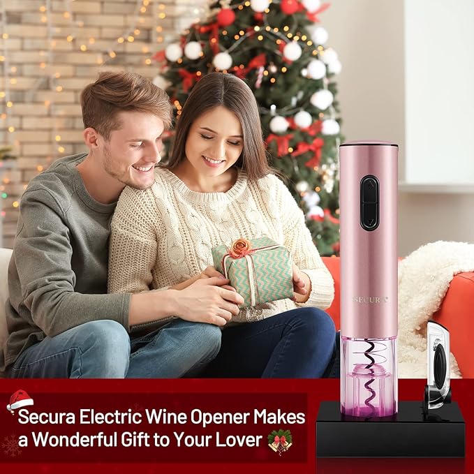 Secura Electric Wine Opener, Automatic Electric Wine Bottle Corkscrew Opener with Foil Cutter, Rechargeable (Rose Gold)