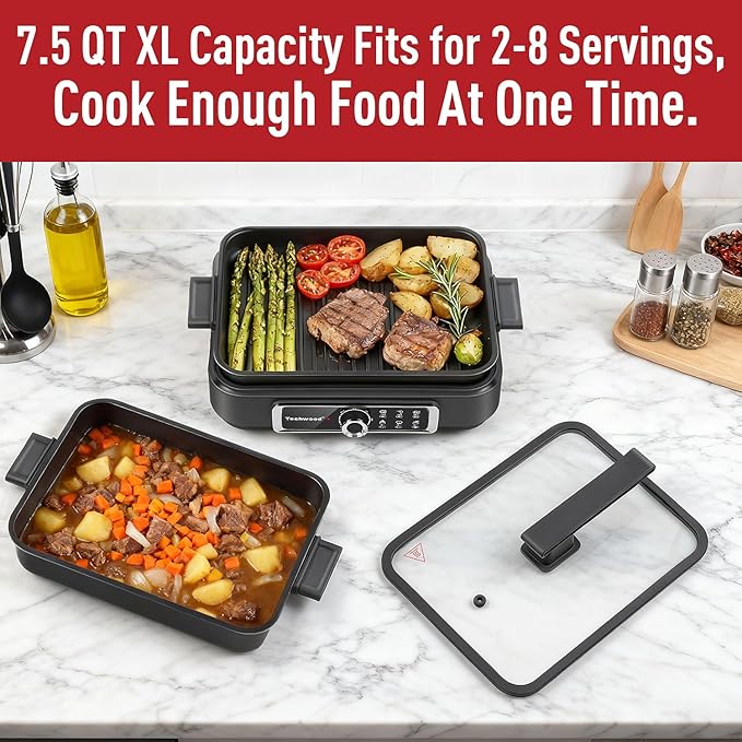 Slow Cooker, Techwood 7.5-Quart Multi-Cooker with 5-Level Heat Settings, Come with Non-stick Skillet Pan & Cooking Pot, Dishwasher Safe, Black