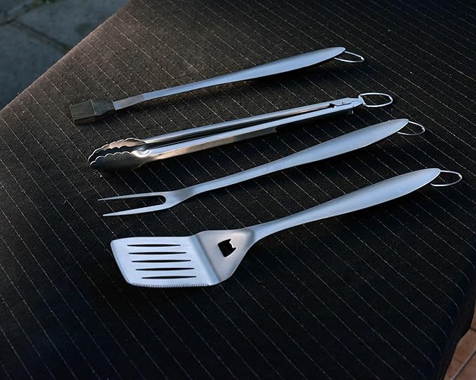 4-Piece BBQ Tool Set - Stainless Steel Grilling Utensils Kit for Outdoor Barbecue - Tongs, Spatula, Fork, Basting Brush - Heavy-Duty Grill Accessories with Heat-Resistant Handles
