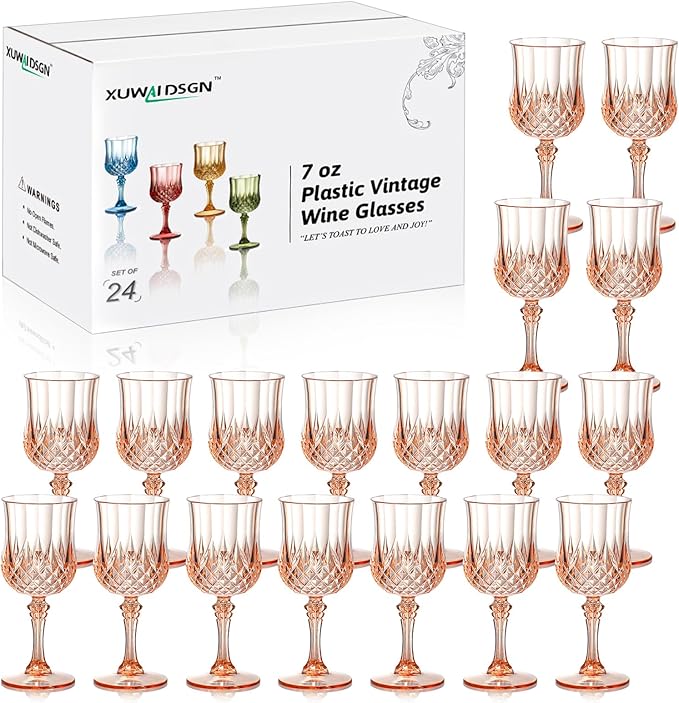 XUWAIDSGN 24 Pcs 7oz Plastic Vintage Wine Glasses Drinking Glasses Unbreakable Wedding Glassware Crystal Water Goblets Reusable Drinkware Vintage Champagne Flutes (24, Pink)