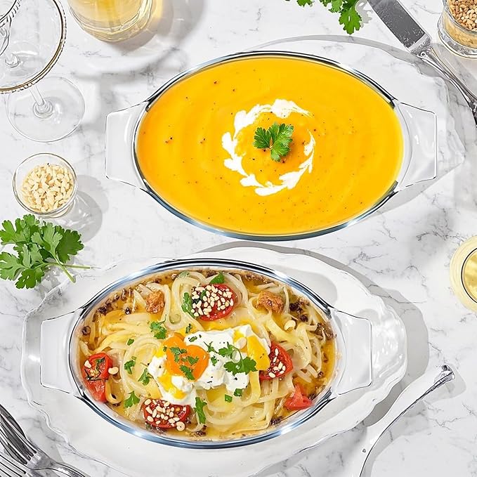 Mini Casserole Dish Oval 2 Pack, 13oz Glass Baking Dish, Banana Split Bowls, Single Serving, Individual Bakeware Baking Pans for Oven Microwave Air Fryer, Clear Prep Bowls